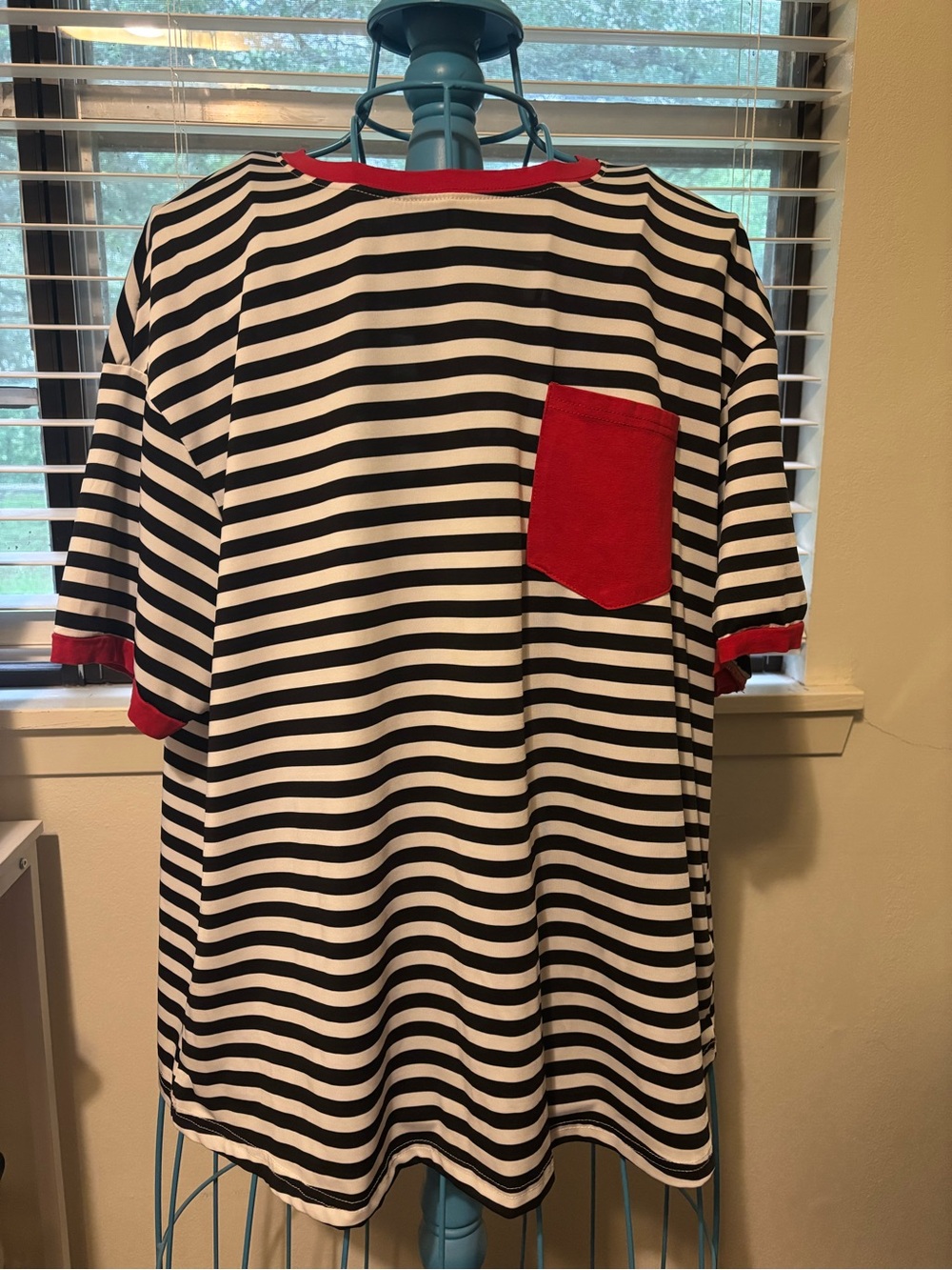 Black & White Striped Tee with Red Pocket